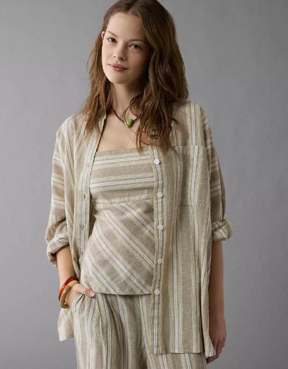 aeo AE Go Big Linen-Blend Oversized Striped Shirt