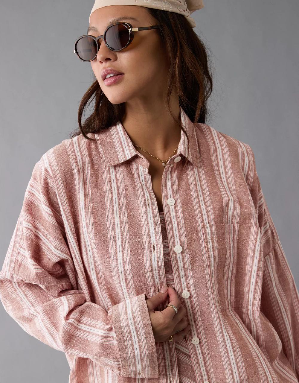 aeo AE Go Big Linen-Blend Oversized Striped Shirt