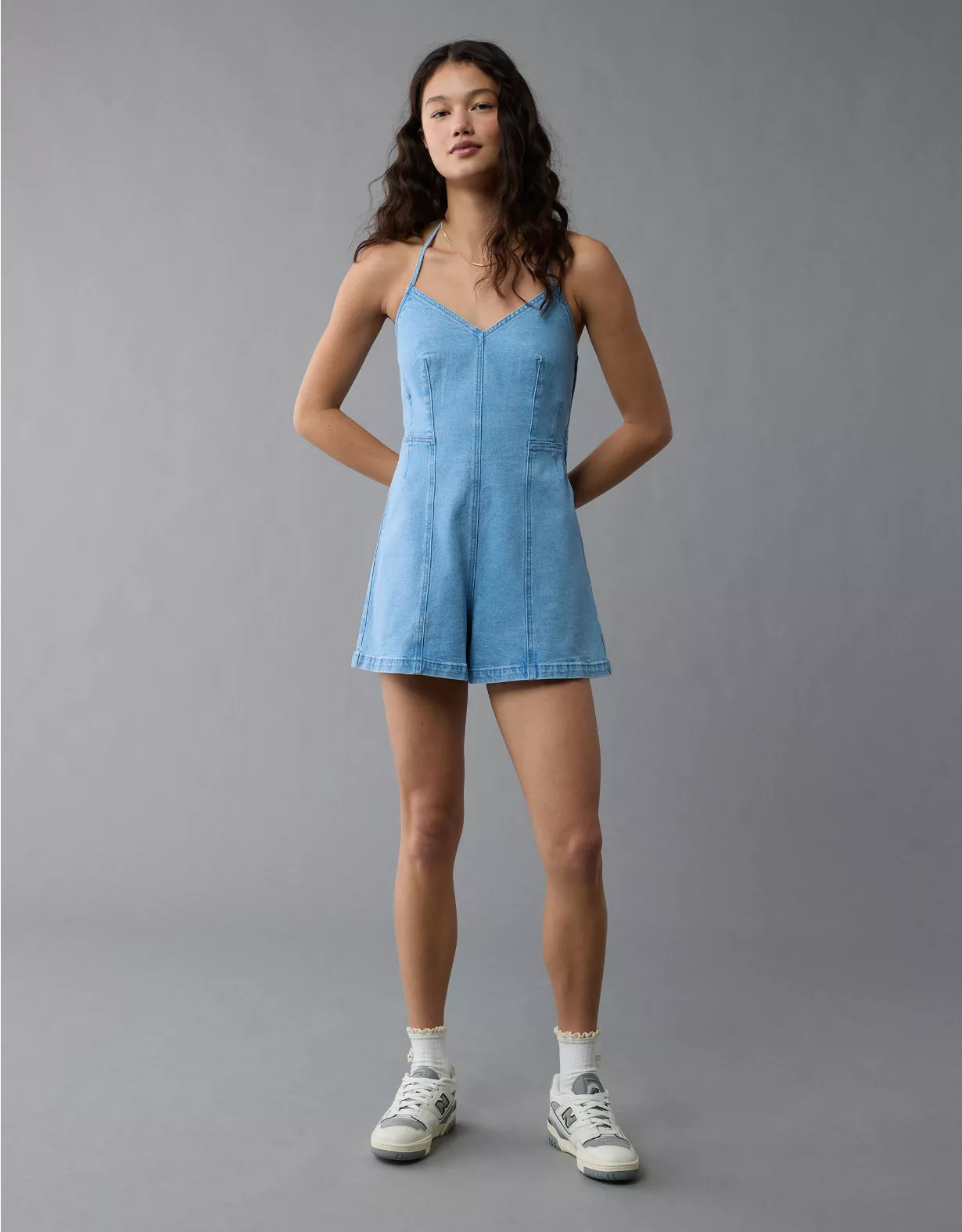 aeo AE Halter Denim Romper