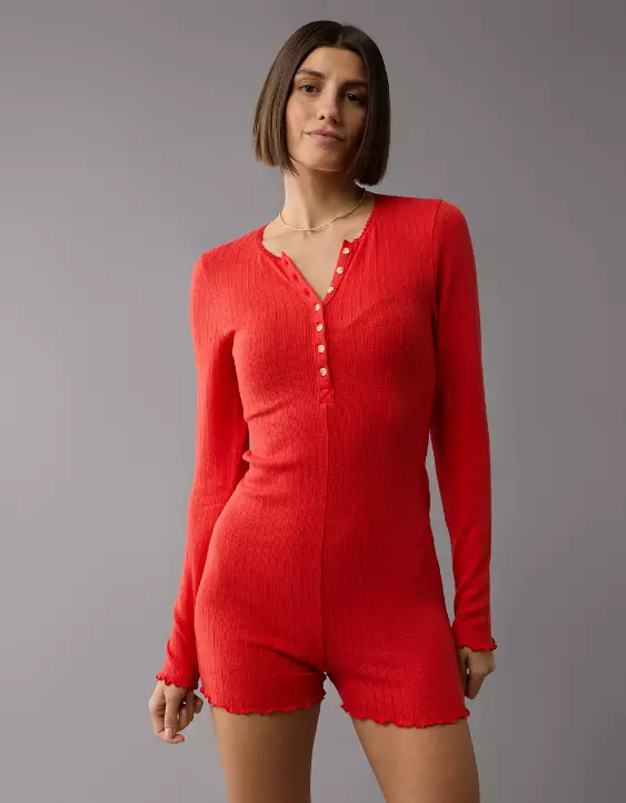 Aeo AE Long-Sleeve Lettuce Edge Lounge Romper