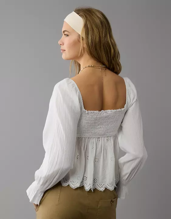Aeo AE Long-Sleeve Smocked Babydoll Blouse