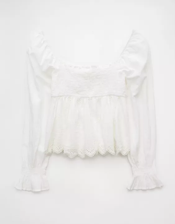 Aeo AE Long-Sleeve Smocked Babydoll Blouse