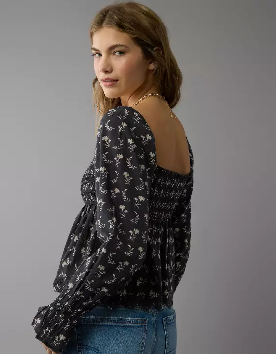 Aeo AE Long-Sleeve Smocked Babydoll Blouse