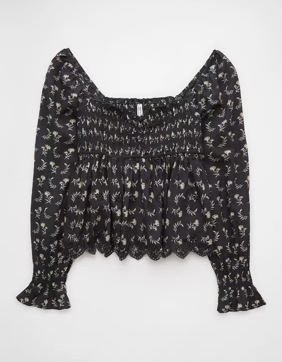 Aeo AE Long-Sleeve Smocked Babydoll Blouse