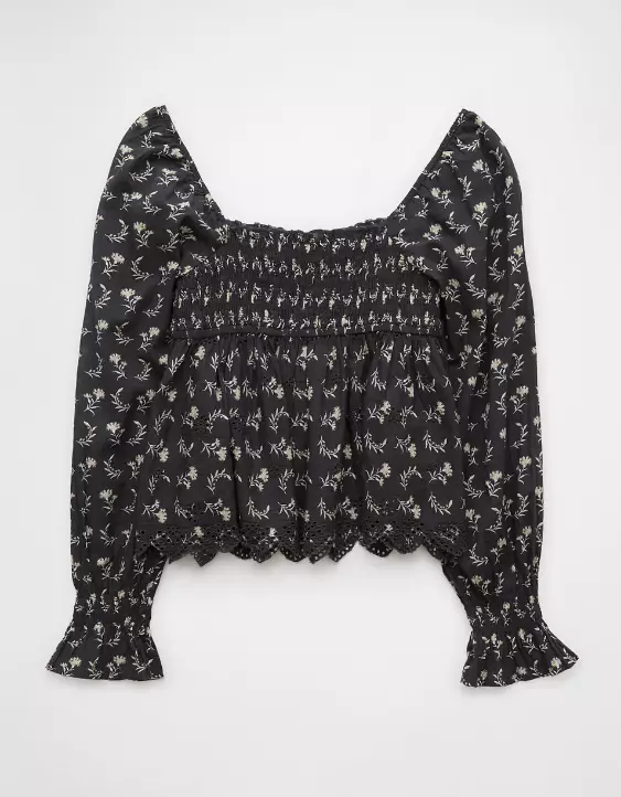Aeo AE Long-Sleeve Smocked Babydoll Blouse
