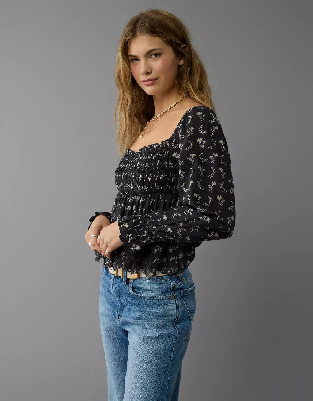 aeo AE Long-Sleeve Smocked Babydoll Blouse