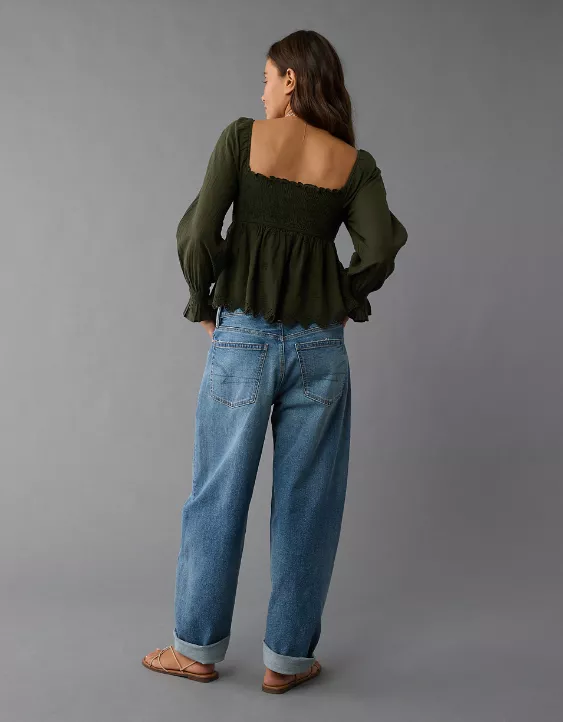 Aeo AE Long-Sleeve Smocked Babydoll Blouse