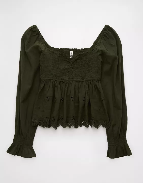 Aeo AE Long-Sleeve Smocked Babydoll Blouse