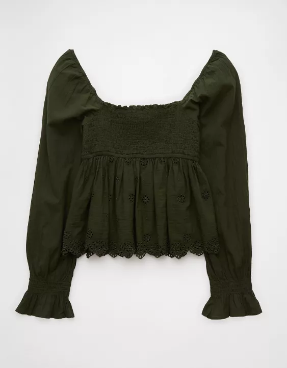 Aeo AE Long-Sleeve Smocked Babydoll Blouse