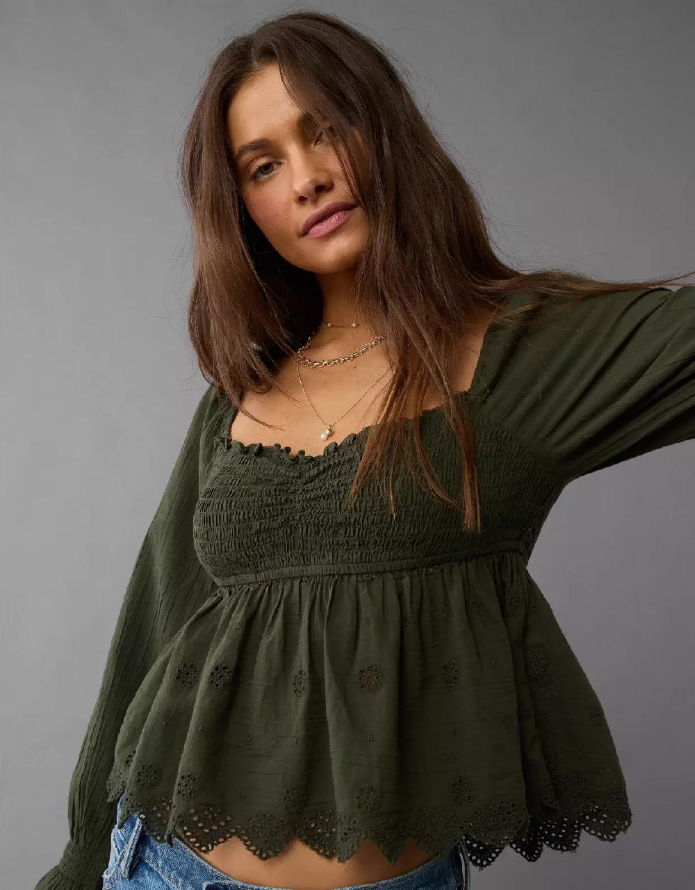 aeo AE Long-Sleeve Smocked Babydoll Blouse