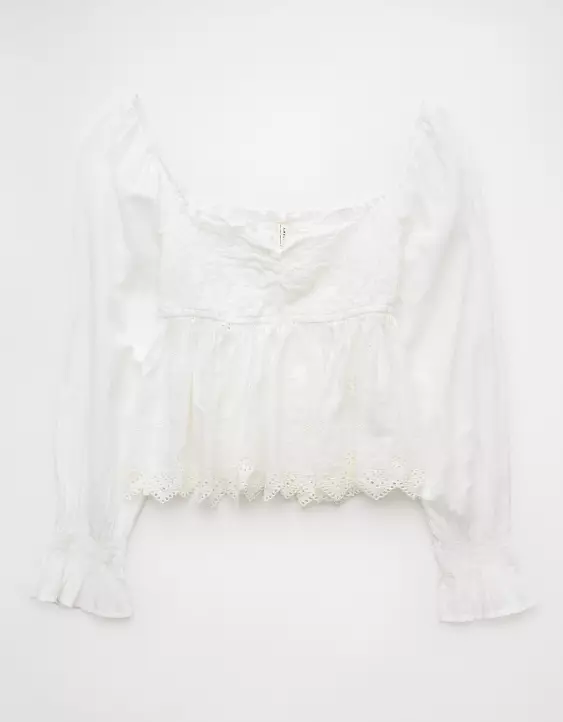 Aeo AE Long-Sleeve Smocked Babydoll Blouse