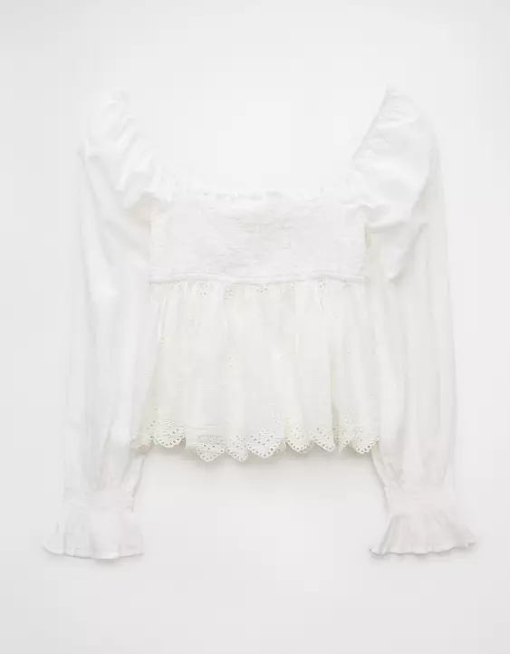 Aeo AE Long-Sleeve Smocked Babydoll Blouse
