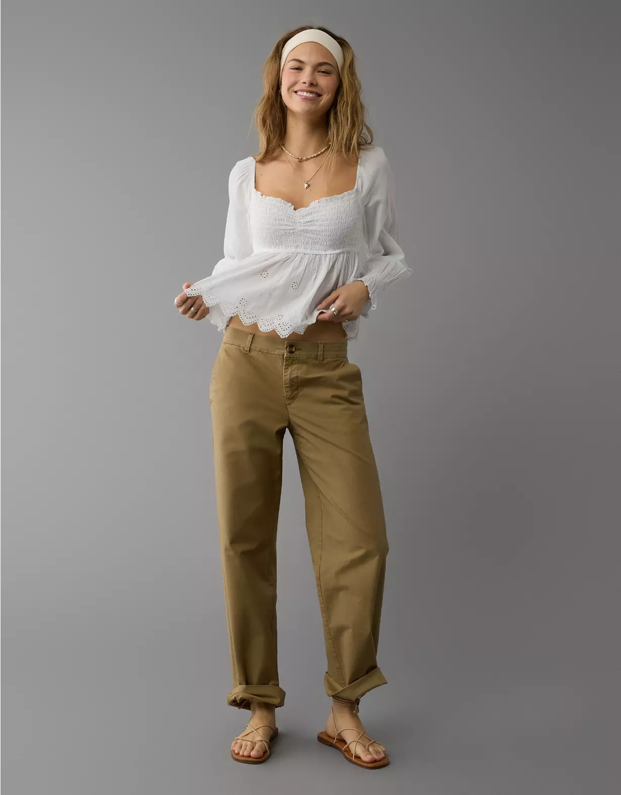 aeo AE Long-Sleeve Smocked Babydoll Blouse
