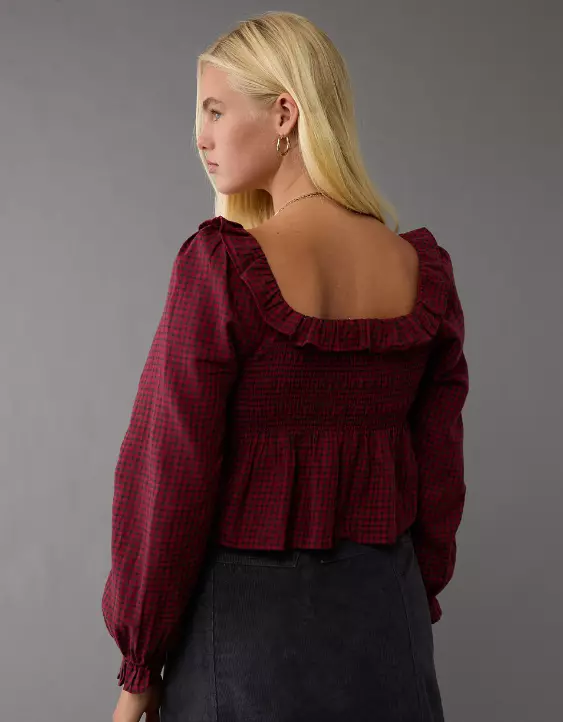 Aeo AE Long-Sleeve Smocked Ruffle Plaid Top