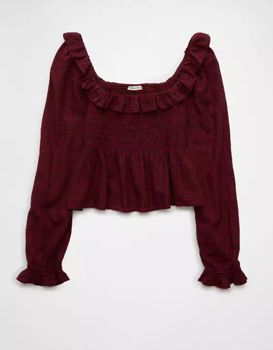 Aeo AE Long-Sleeve Smocked Ruffle Plaid Top
