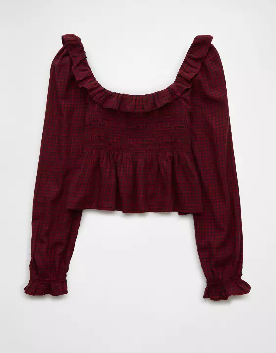 Aeo AE Long-Sleeve Smocked Ruffle Plaid Top