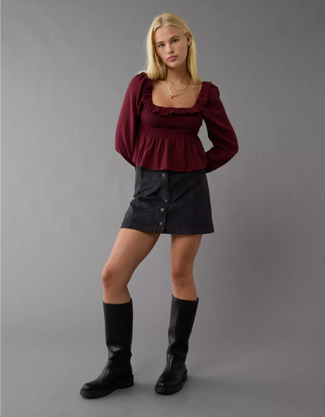 aeo AE Long-Sleeve Smocked Ruffle Plaid Top