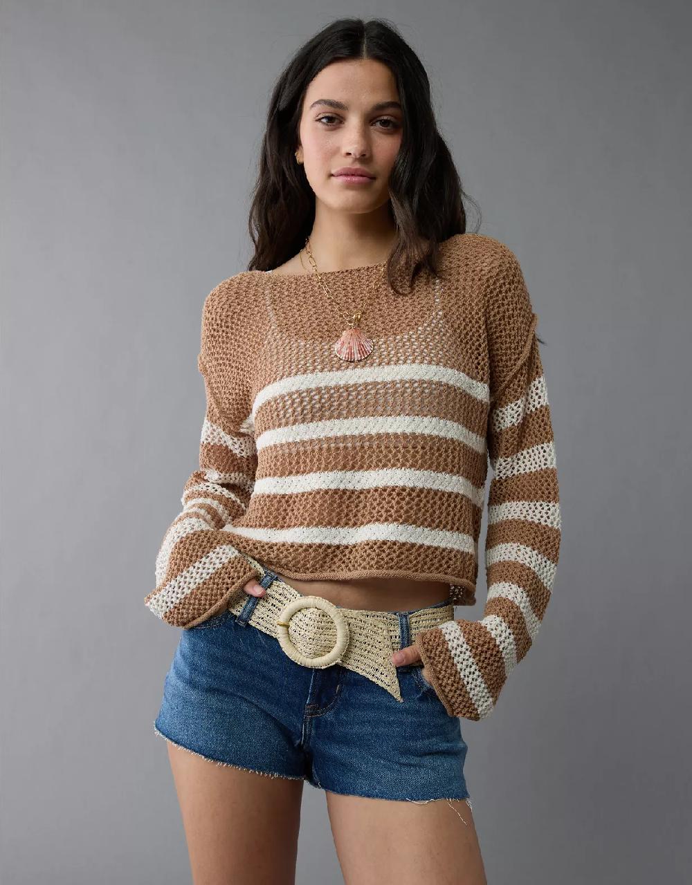 aeo AE Off The Shoulder Crochet Sweater