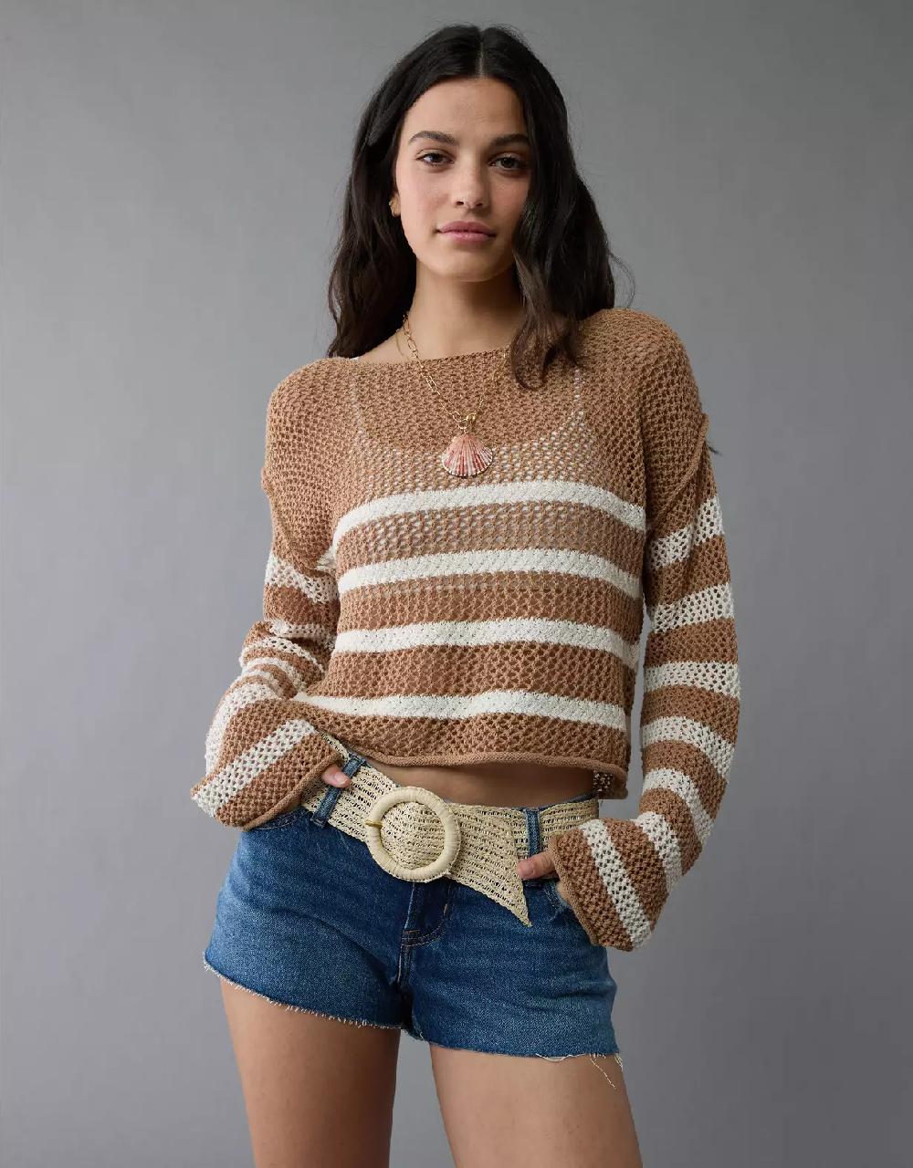 aeo AE Off The Shoulder Crochet Sweater