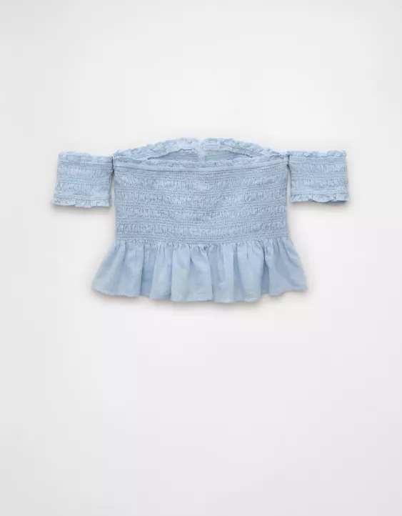 Aeo AE Off The Shoulder Smocked Tie Front Crop Top