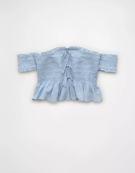 Aeo AE Off The Shoulder Smocked Tie Front Crop Top