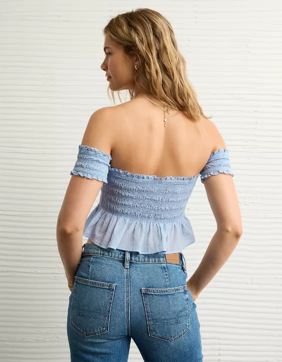 Aeo AE Off The Shoulder Smocked Tie Front Crop Top