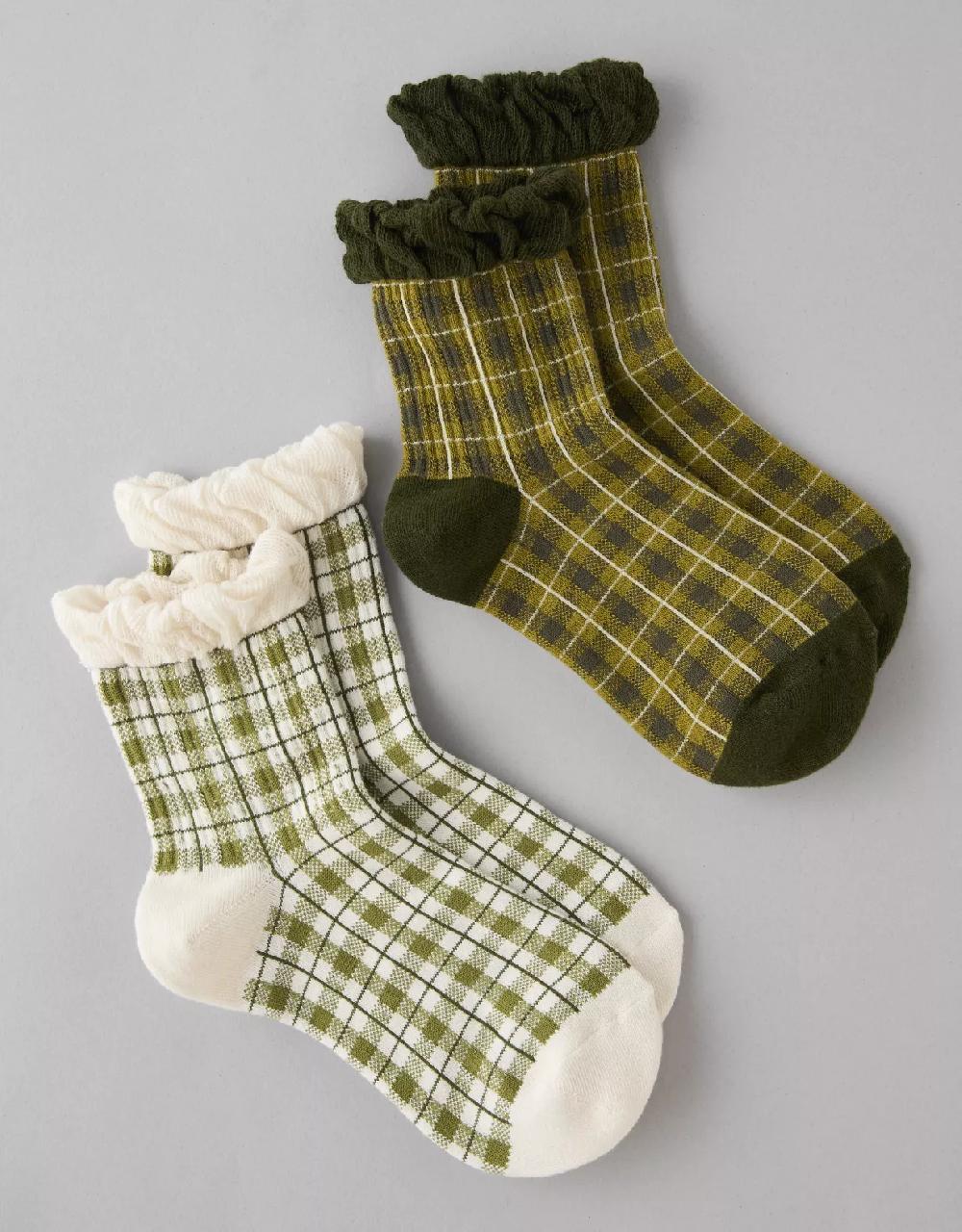 aeo AE Plaid Ruffle Cropped Crew Socks 2-Pack