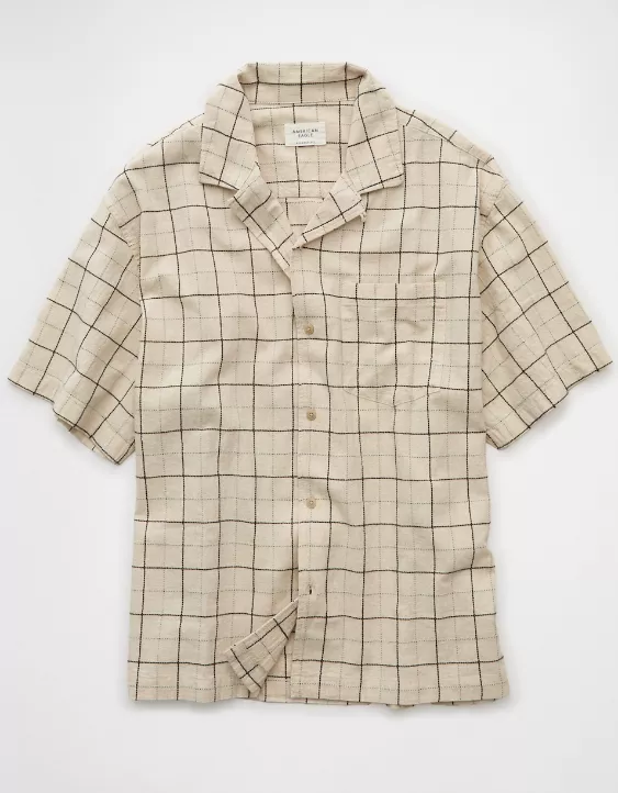Aeo AE Poolside Linen-Blend Plaid Button-Up Shirt