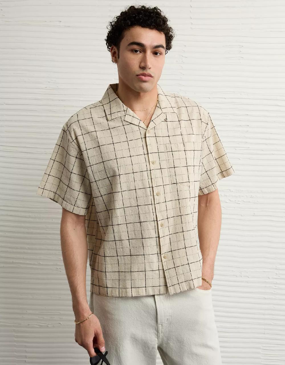 aeo AE Poolside Linen-Blend Plaid Button-Up Shirt