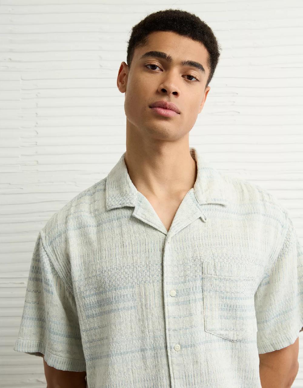 aeo AE Poolside Textured Striped Button-Up Shirt