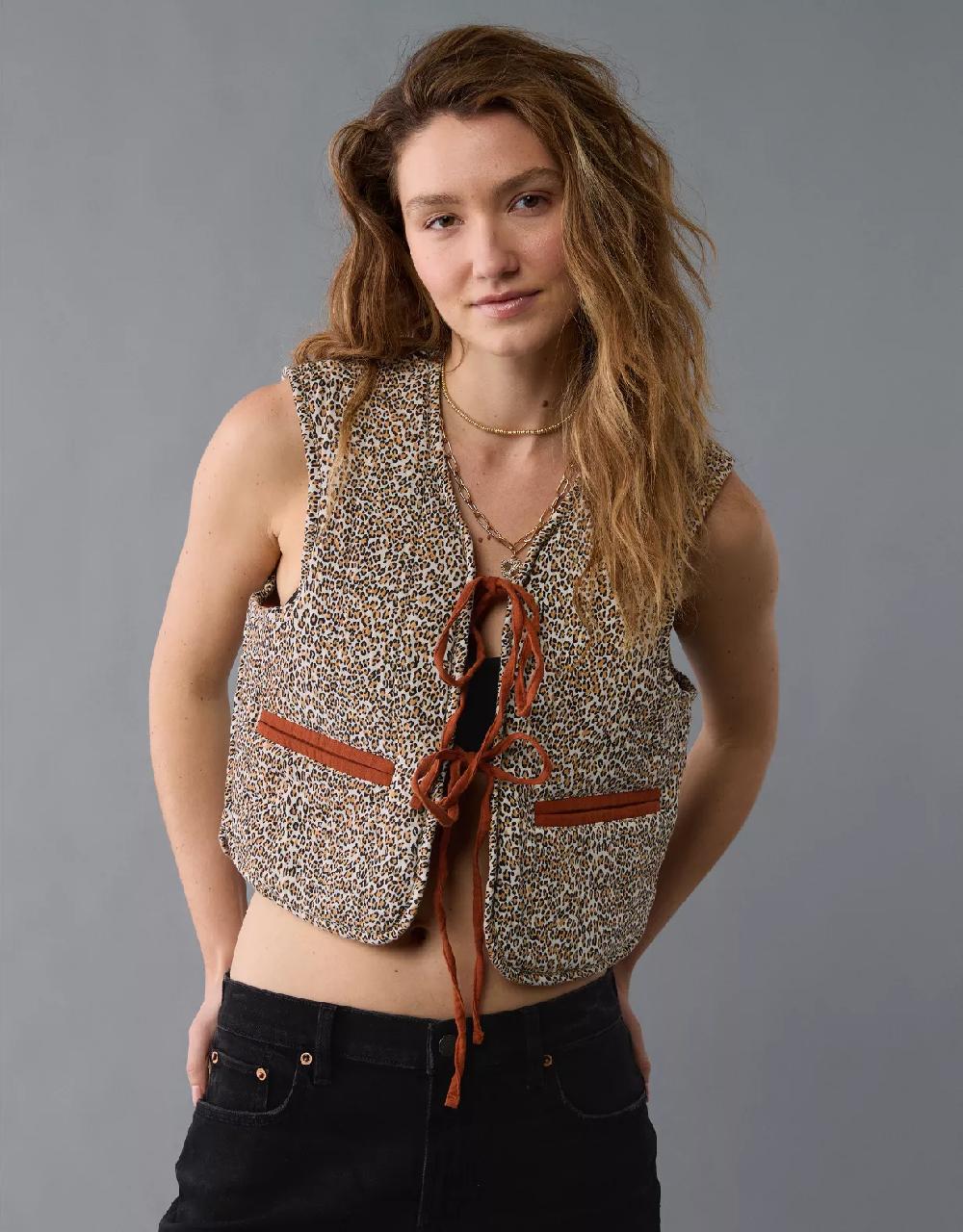 aeo AE Reversible Leopard Tie Front Quilted Vest