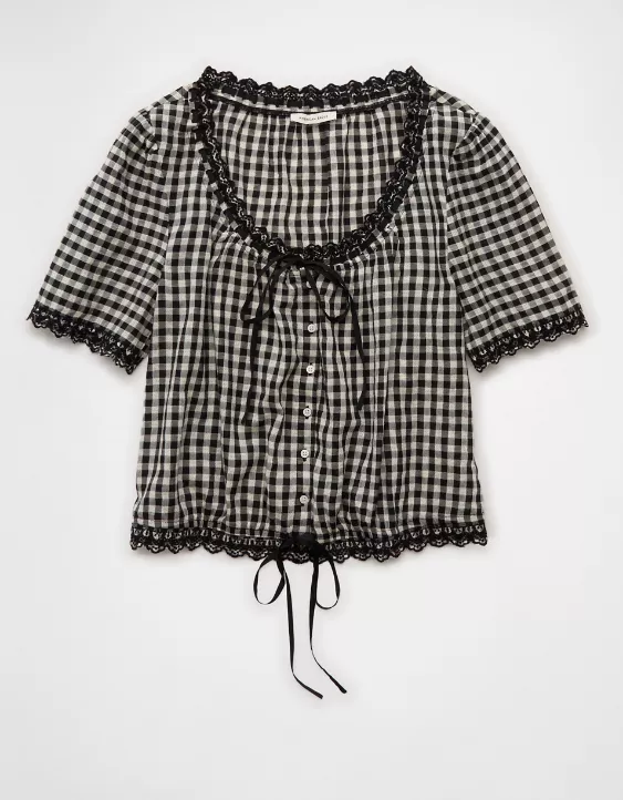 Aeo AE Short-Sleeve Gingham Button-Up Blouse