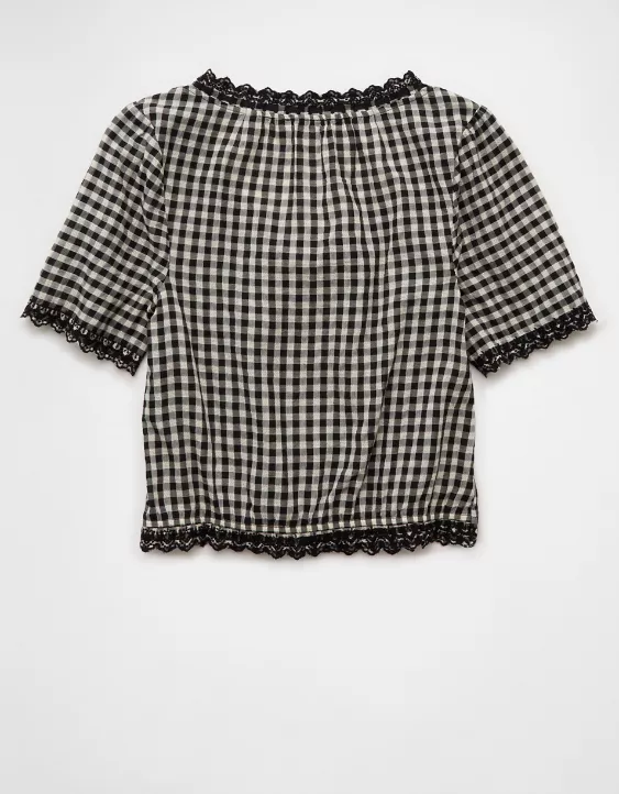 Aeo AE Short-Sleeve Gingham Button-Up Blouse