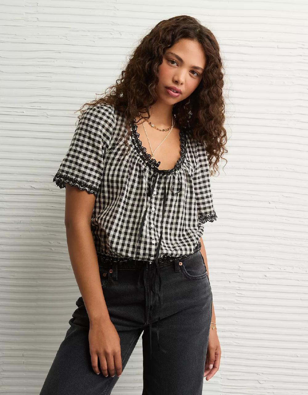 aeo AE Short-Sleeve Gingham Button-Up Blouse