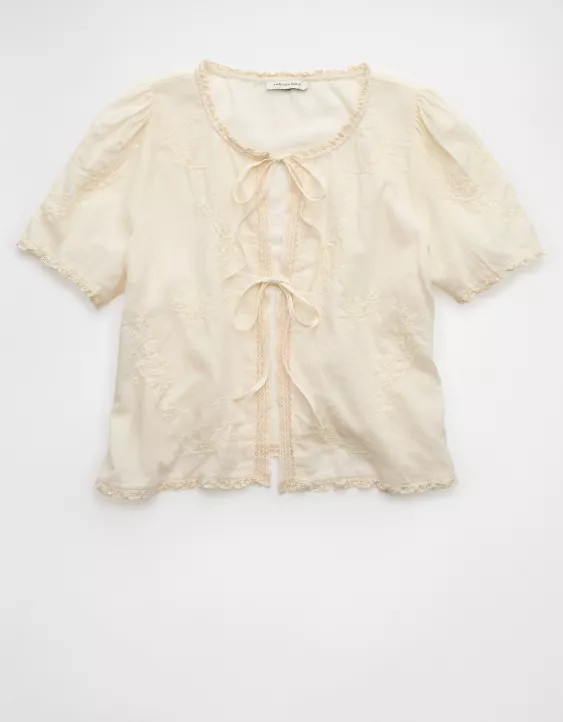 Aeo AE Short-Sleeve High Neck Tie Front Shirt