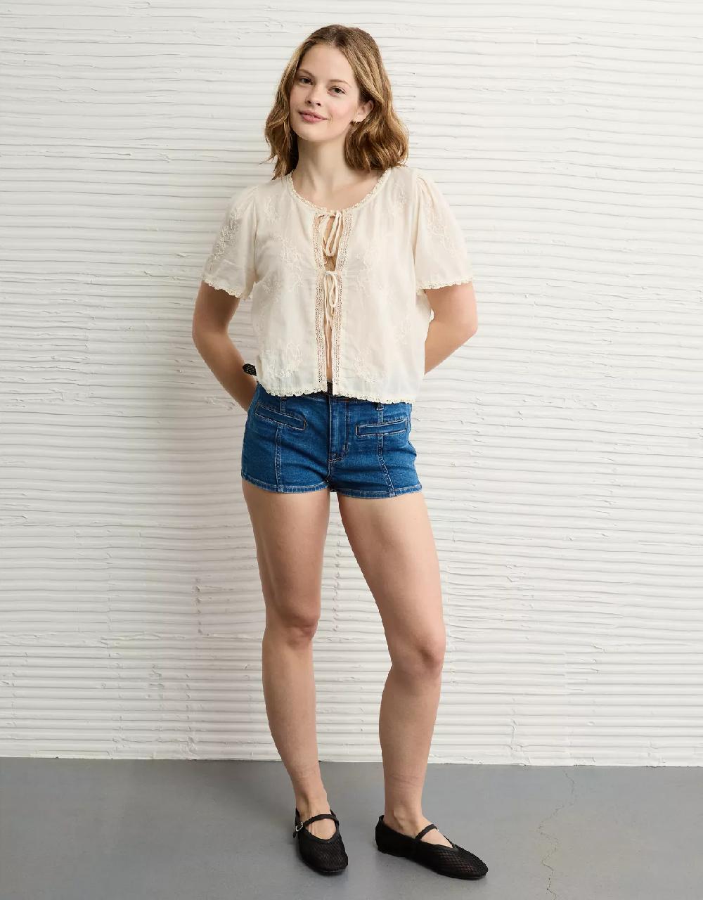 aeo AE Short-Sleeve High Neck Tie Front Shirt