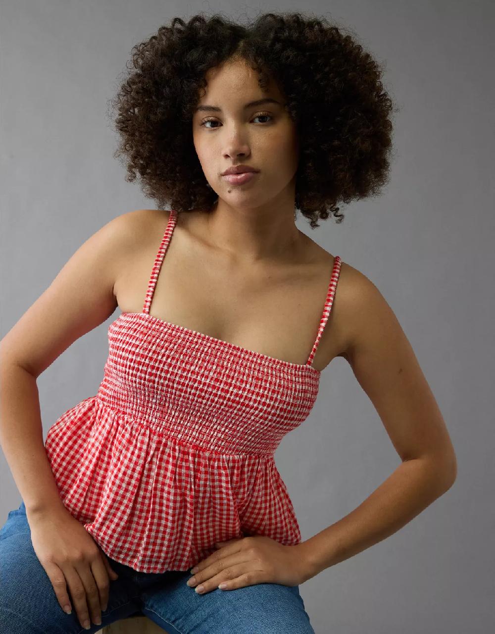 aeo AE Smocked Gingham Babydoll Cami