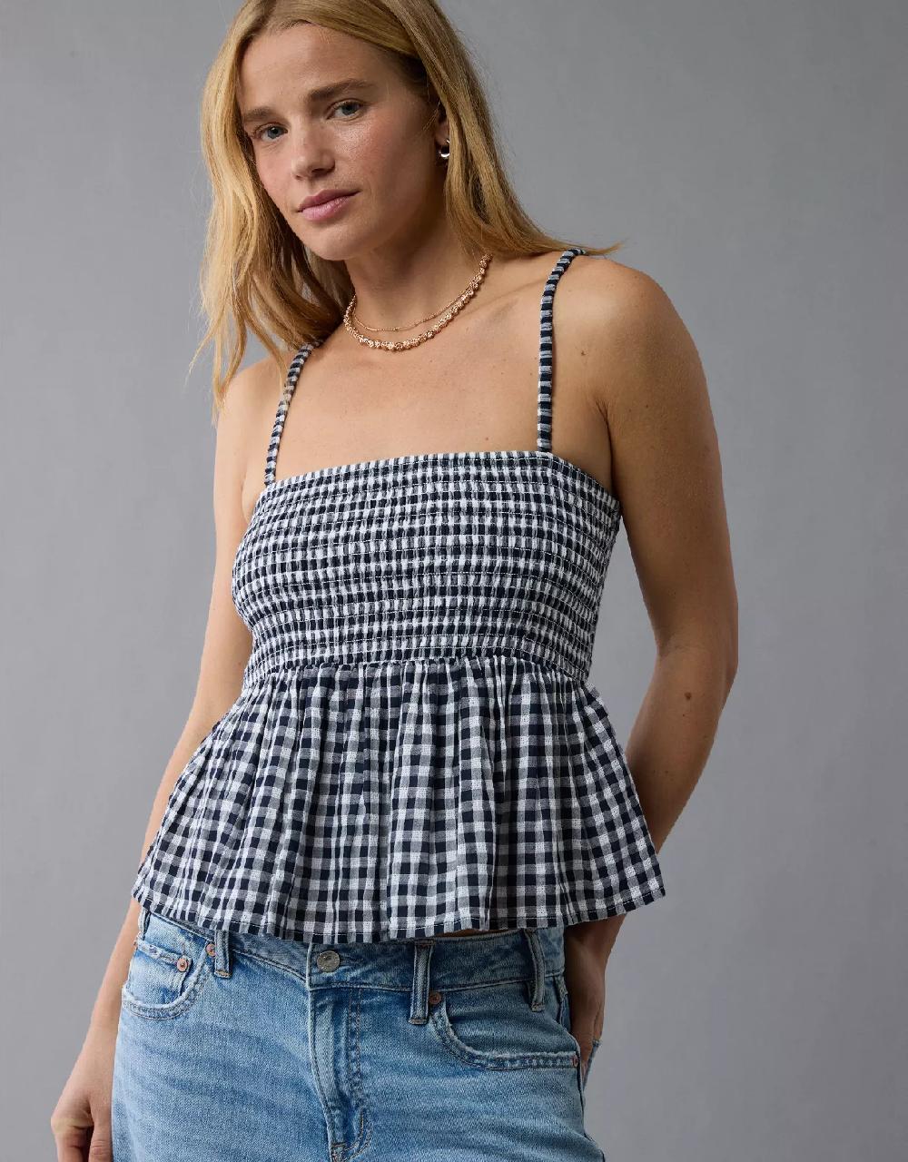 aeo AE Smocked Gingham Babydoll Cami