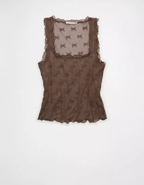Aeo AE Square Neck Bow Mesh Tank Top