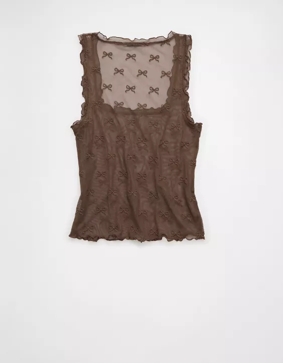 Aeo AE Square Neck Bow Mesh Tank Top