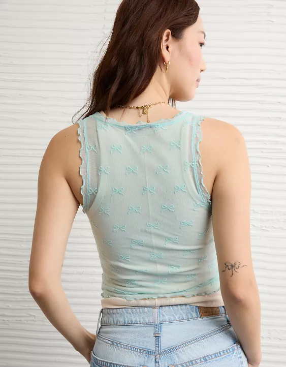 Aeo AE Square Neck Bow Mesh Tank Top