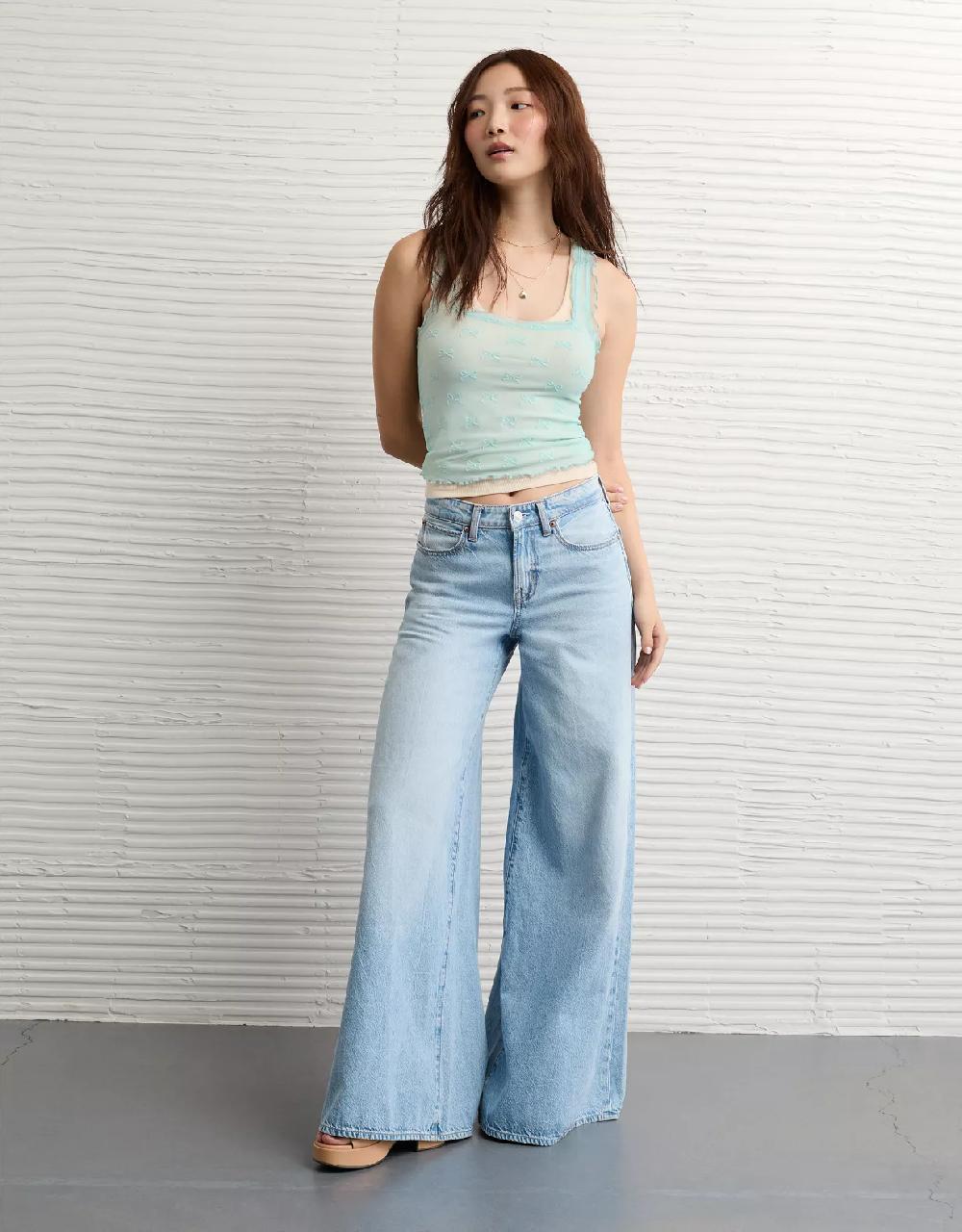 aeo AE Square Neck Bow Mesh Tank Top