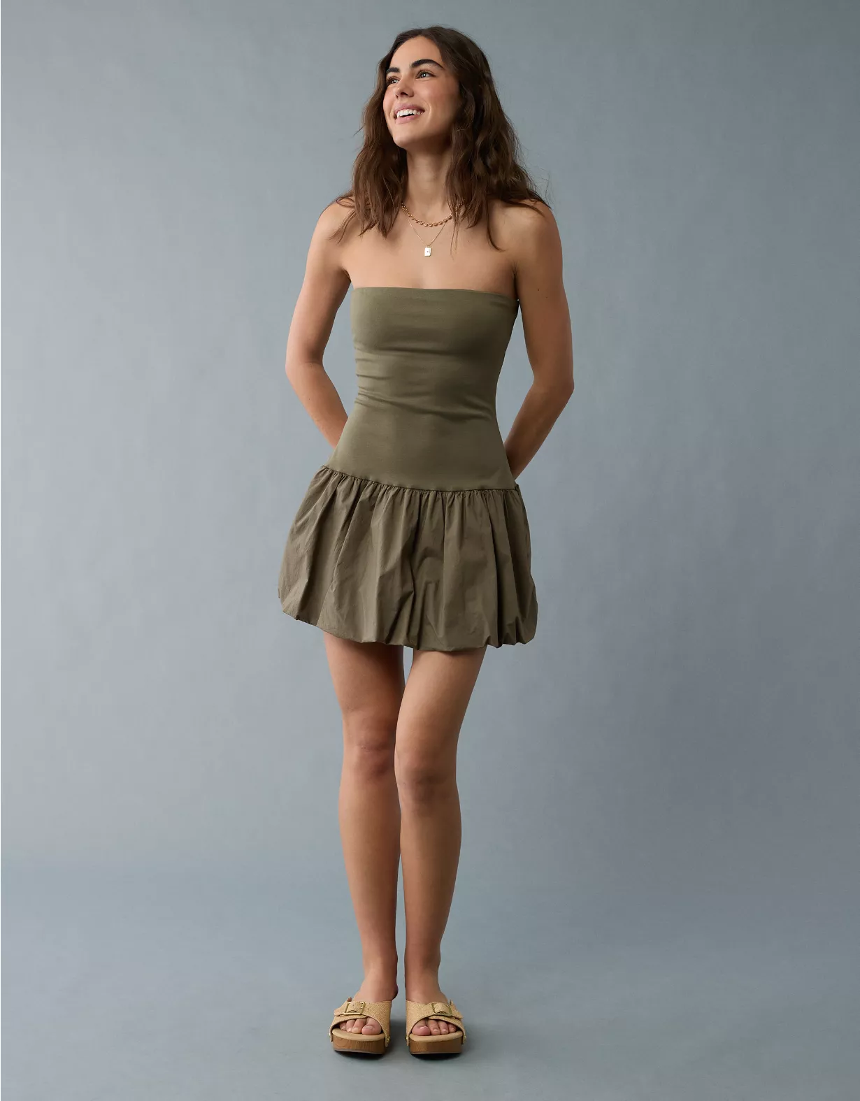 aeo AE Strapless Drop Waist Bubble Mini Dress