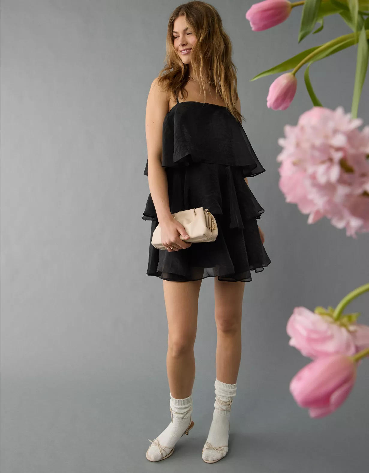 aeo AE Strapless Ruffle Tiered Mini Dress