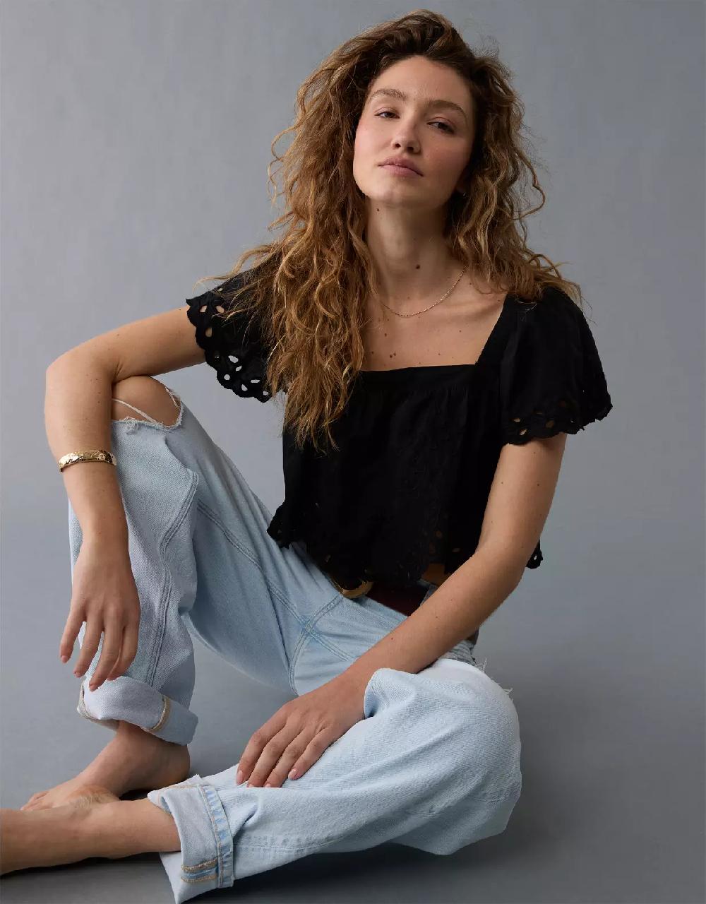 aeo AE Tie Back Eyelet Crop Top