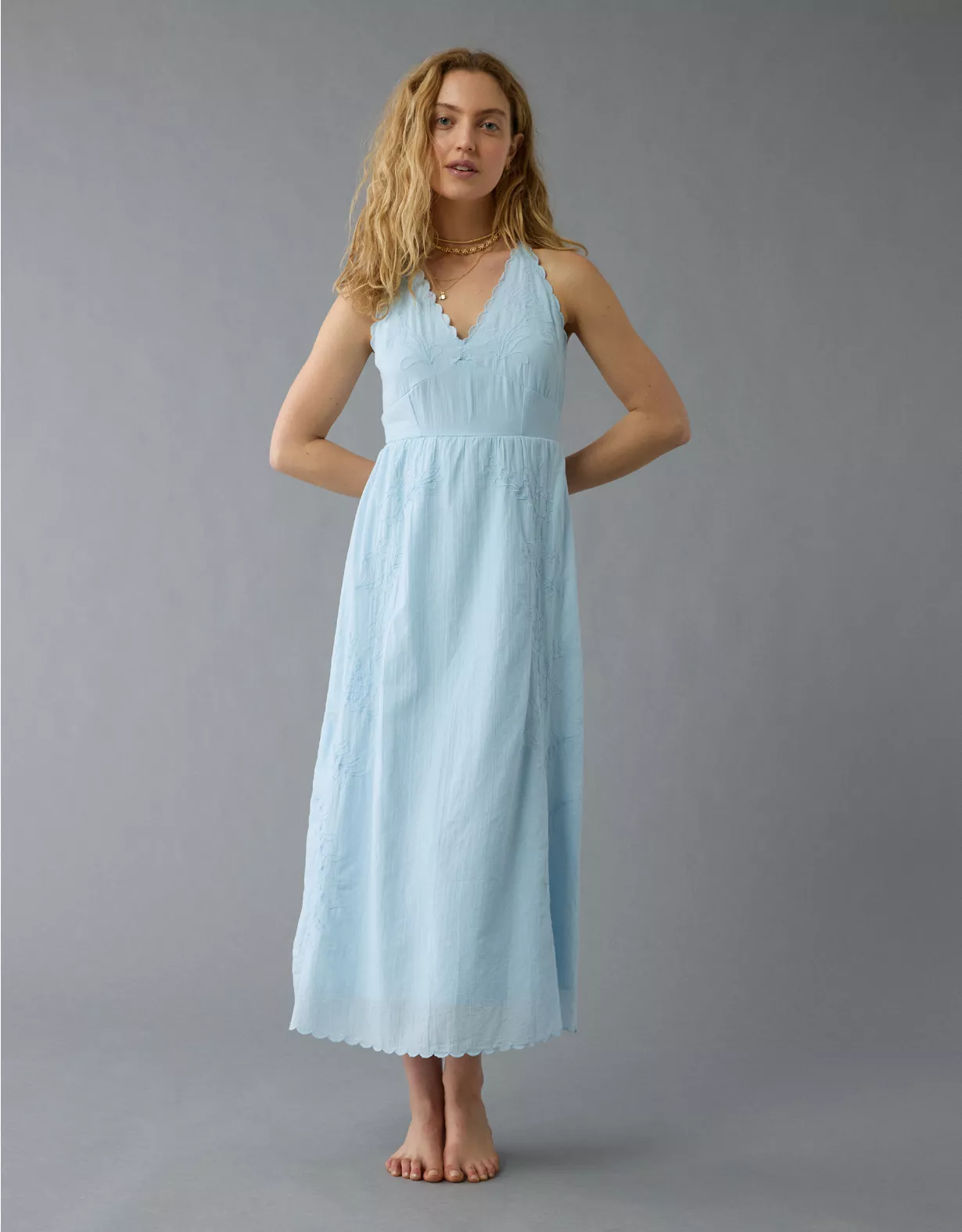 aeo AE V-Neck Embroidered Midi Dress