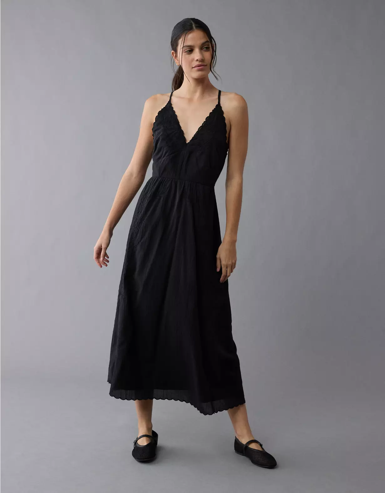 aeo AE V-Neck Embroidered Midi Dress