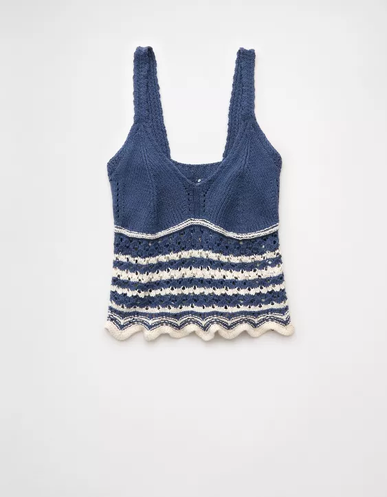 Aeo AE V-Neck Pointelle Scalloped Crochet Tank Top