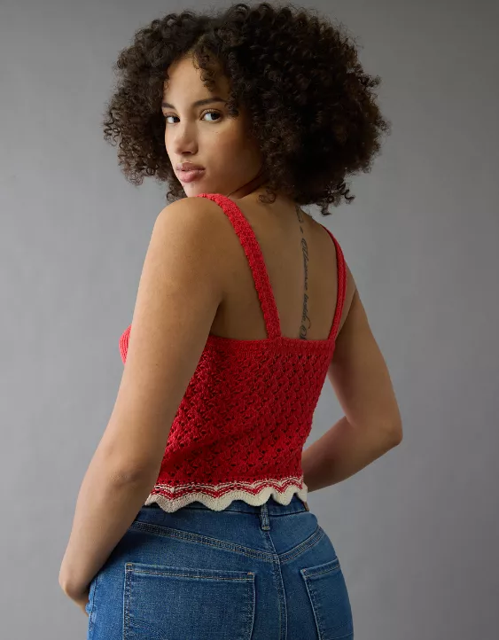 Aeo AE V-Neck Pointelle Scalloped Crochet Tank Top