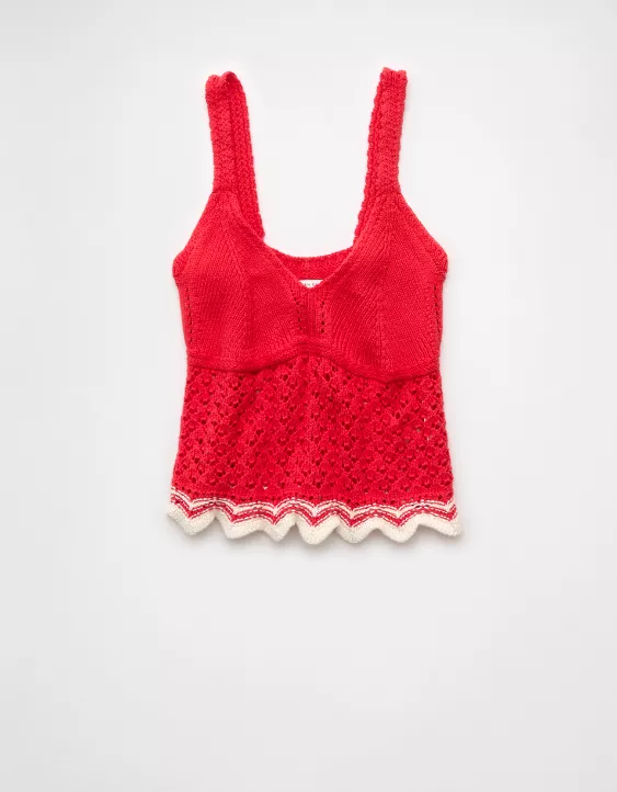 Aeo AE V-Neck Pointelle Scalloped Crochet Tank Top